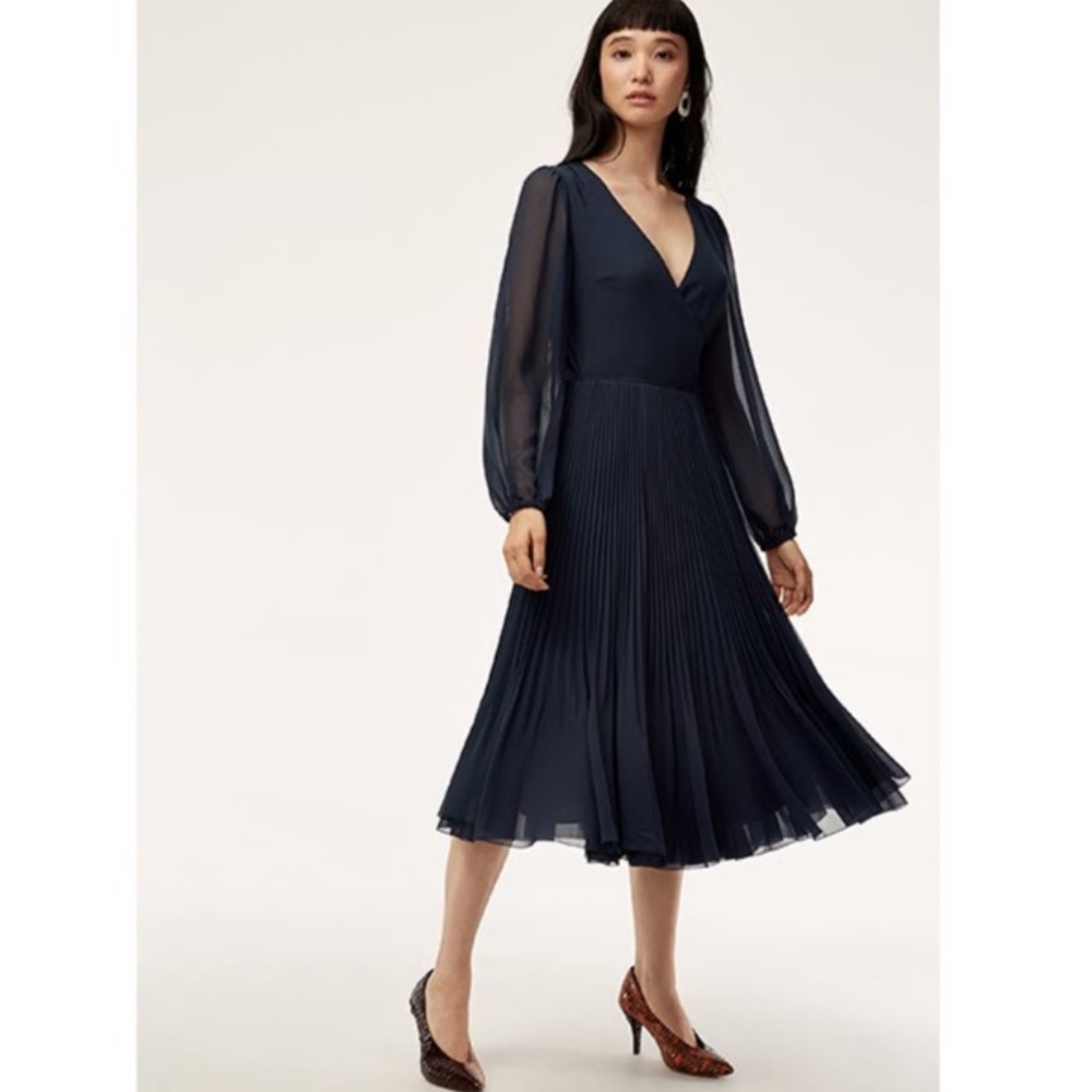 Aritzia Wilfred Beaune Pleated Wrap Dress Navy
